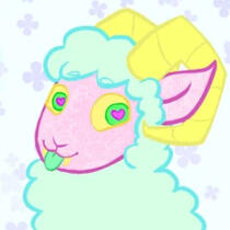 A pink bighorn sheep with minty green fluffy wool, little yellow fangs, and colorful eyes with heart pupils, sticking out their tongue and smiling.
